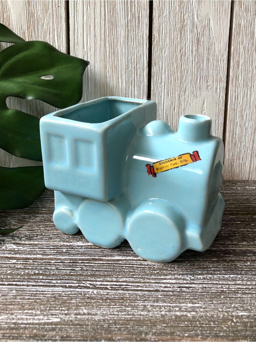 Vintage Light Blue Ceramic Train Engine Planter / Vase